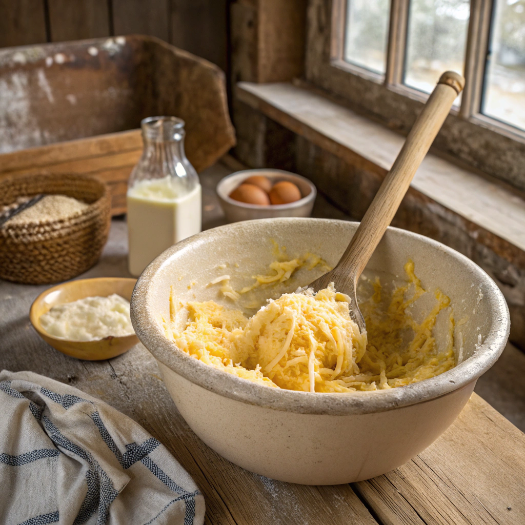 Rustic mixing bowl with shredded cheese, flour, and eggs being combined to make keto cheddar biscuit dough, with milk and ingredients on a wooden farmhouse table.
