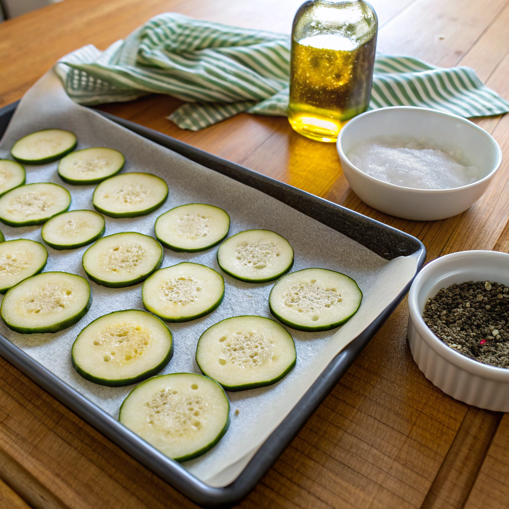 Sliced zucchini on a baking tray with olive oil, salt, and pepper for keto zucchini chips