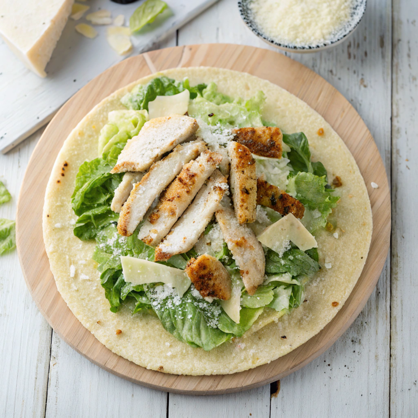 Low-carb tortilla topped with grilled chicken, romaine lettuce, and Parmesan cheese for a Keto Chicken Caesar Wrap