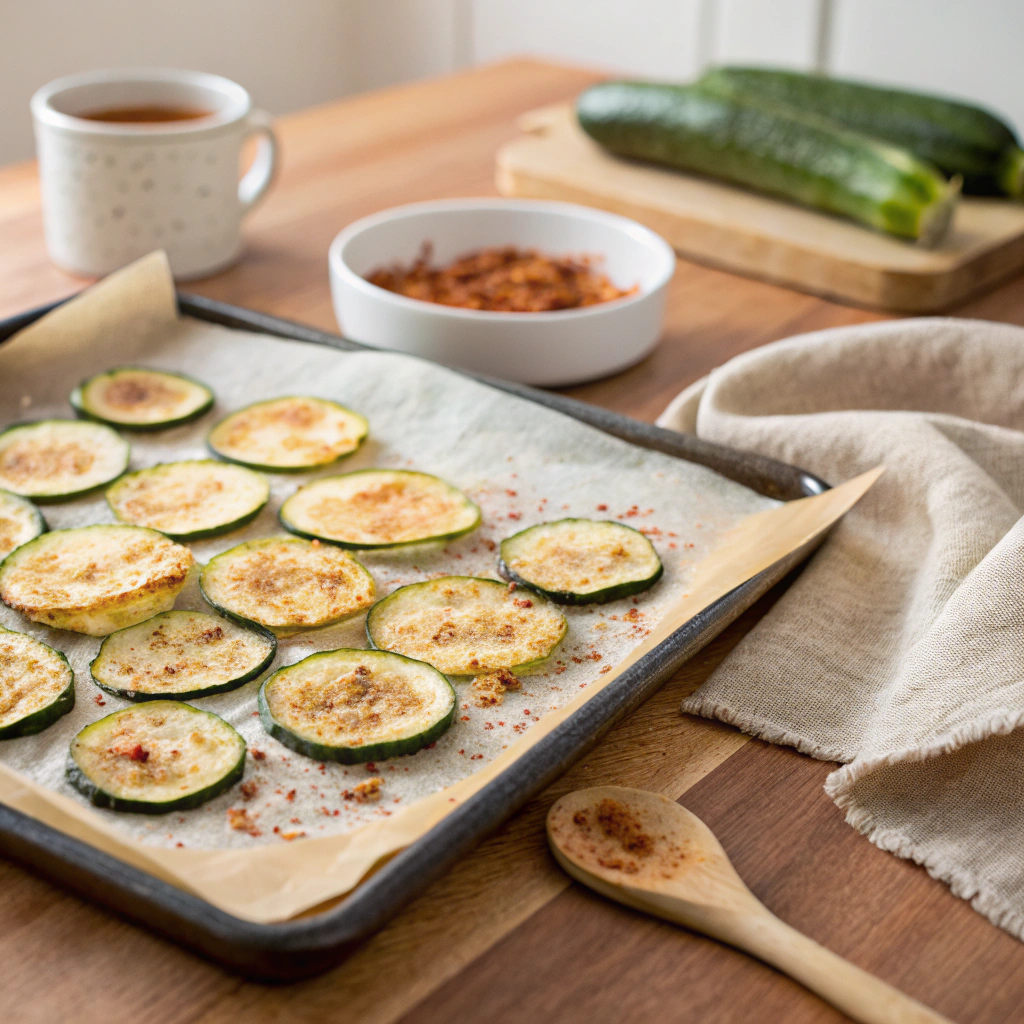 Freshly baked keto zucchini chips on a tray with paprika seasoning