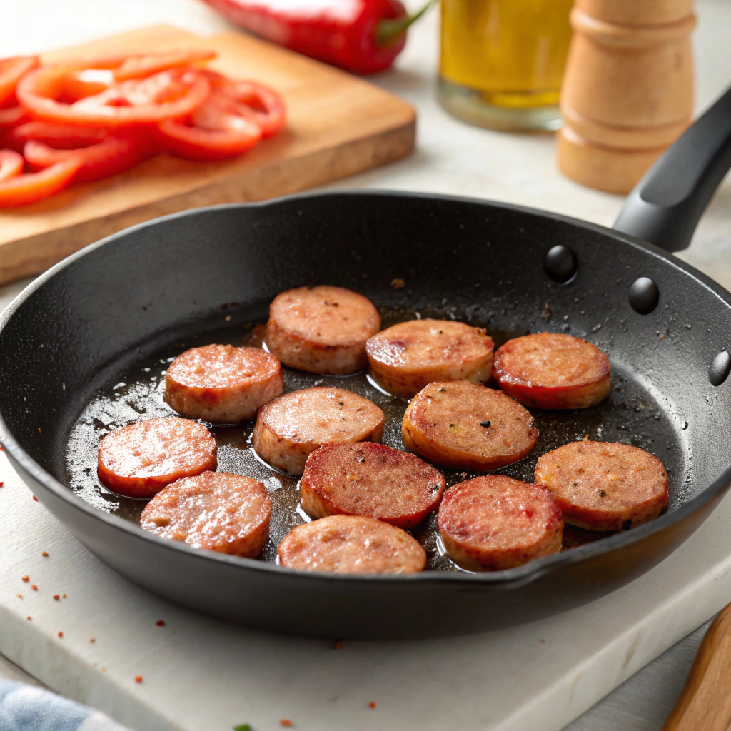 Italian sausage slices browning in a skillet with fresh red peppers in the background.