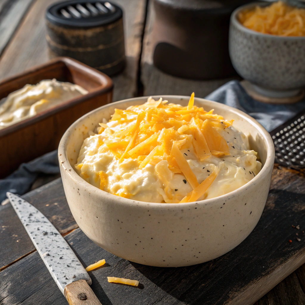 Creamy cheese filling in a ceramic bowl topped with shredded cheddar, prepared as a savory stuffing for keto jalapeño poppers.
