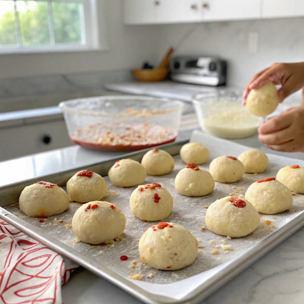 Unbaked keto pizza bites rolled into dough balls on a baking sheet, topped with diced pepperoni, ready to go into the oven in a bright home kitchen.