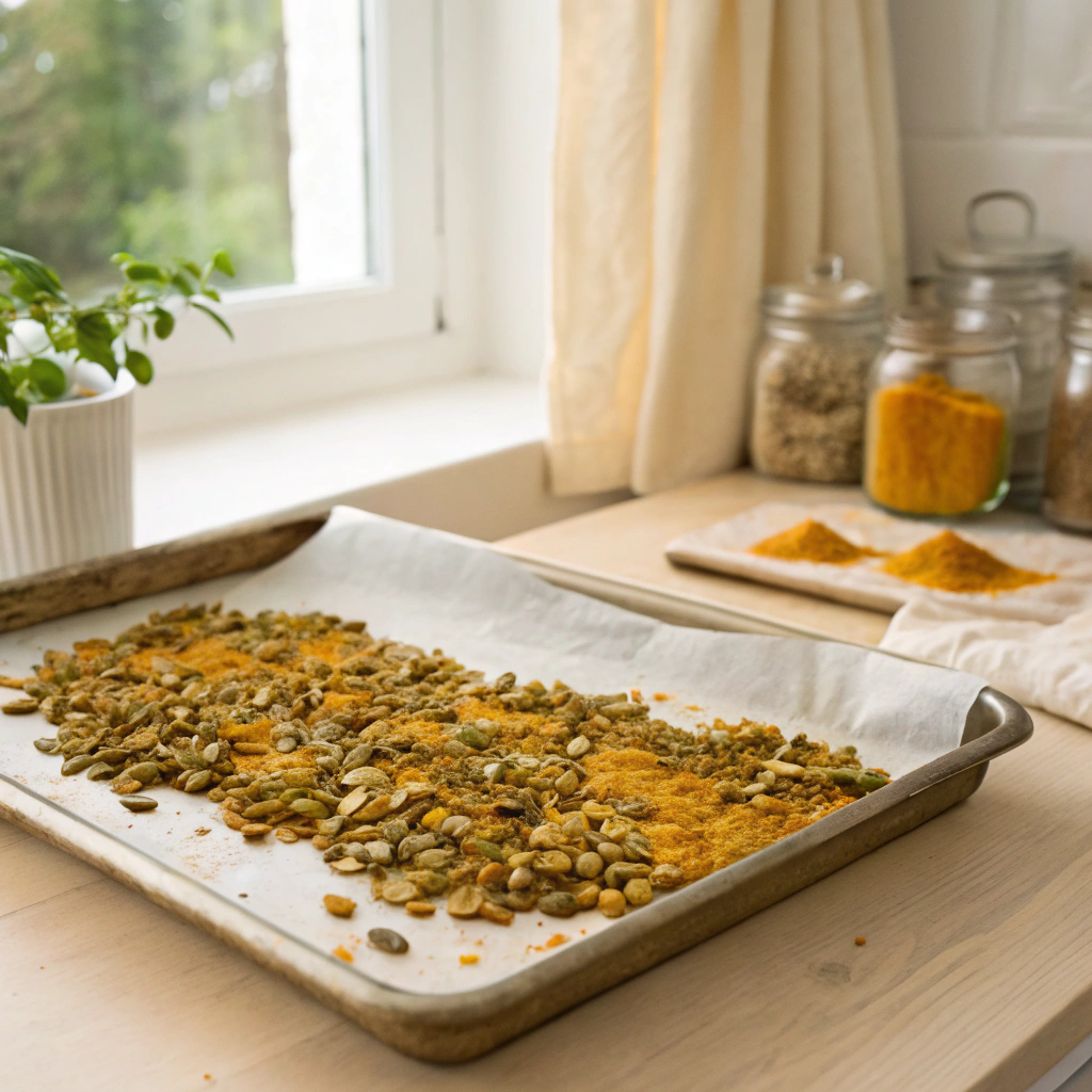 Pumpkin seeds coated with turmeric and spices on a baking tray for keto spiced pumpkin seed clusters