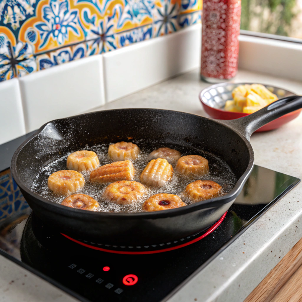 Frying keto churros bites in a cast iron skillet on stovetop