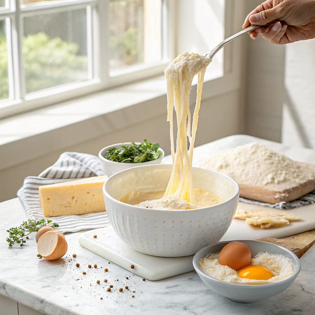 Stretchy melted mozzarella cheese being mixed into almond flour dough in a white bowl, surrounded by eggs, parmesan, herbs, and baking ingredients on a marble countertop.