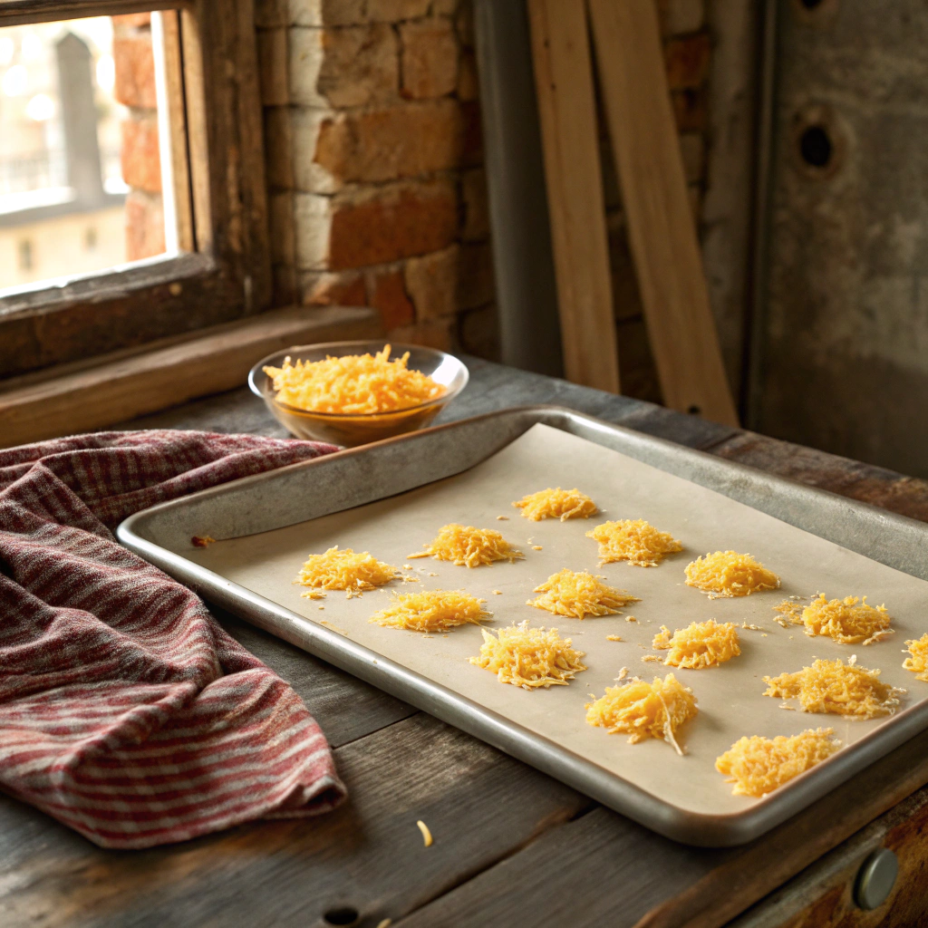 Cheese mounds on a baking sheet ready to be baked into crispy keto chips, placed on a rustic wooden table with a bowl of shredded cheese nearby.