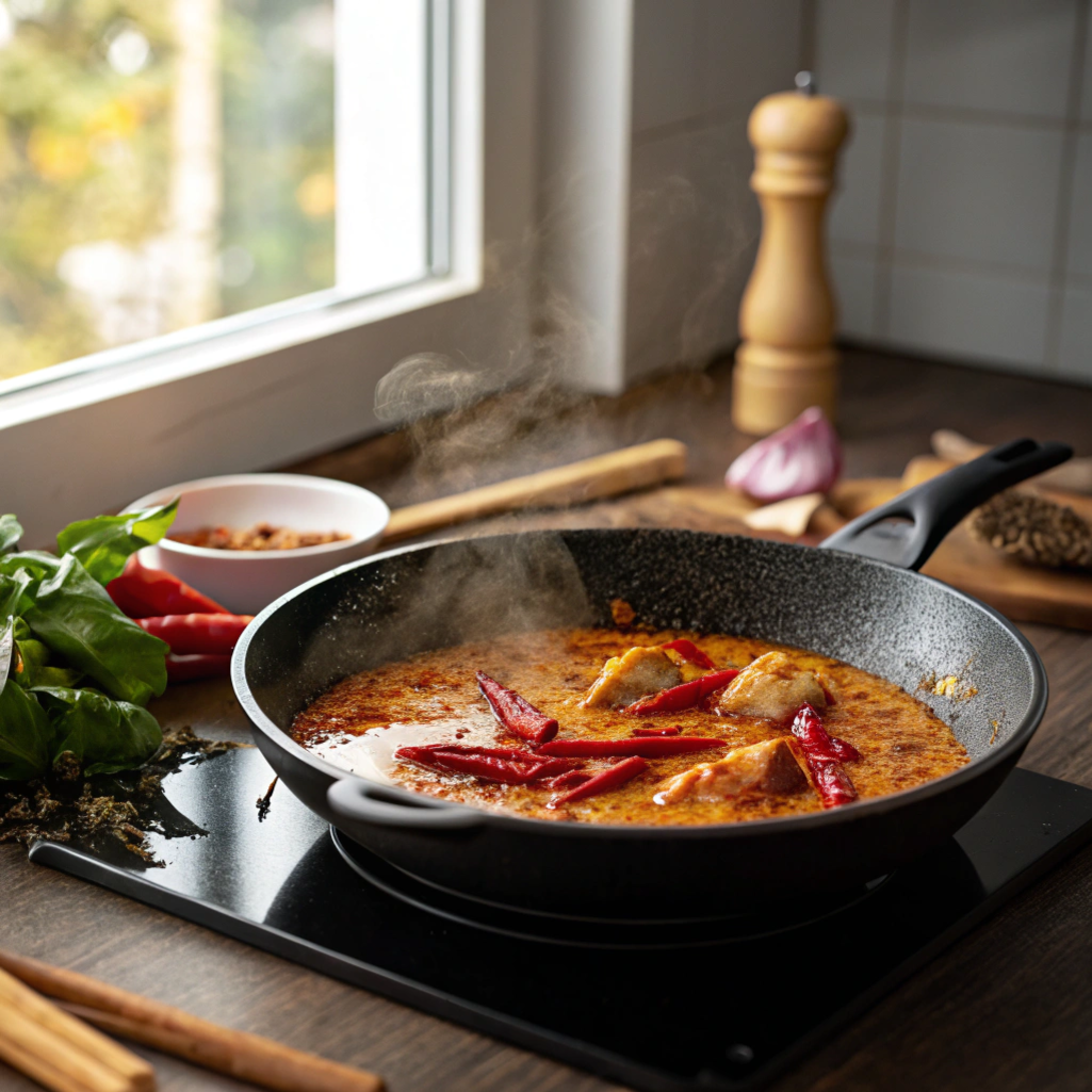 Red curry paste and turmeric sizzling in a skillet for coconut curry base.