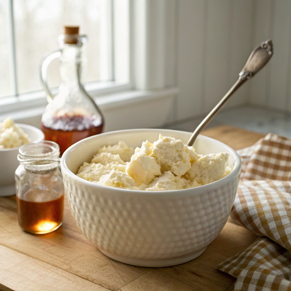 Bowl of keto maple cream cheese mixture with a spoon, surrounded by jars of sugar-free maple syrup on a wooden kitchen counter.