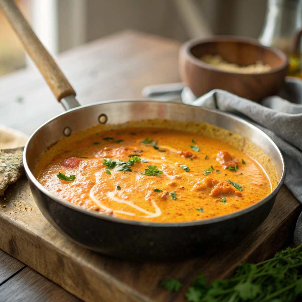 Creamy coconut-tomato masala sauce simmering in a pan, garnished with fresh herbs.