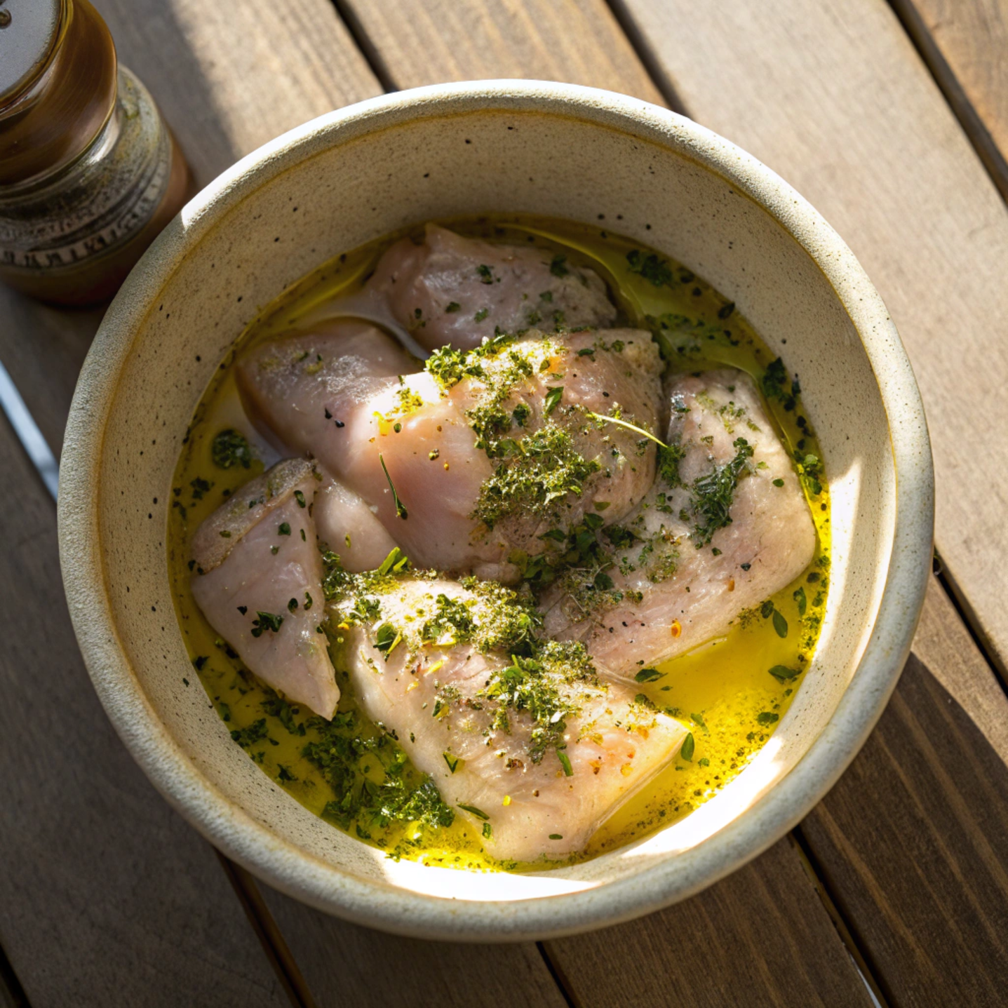 Chicken breasts marinating in lemon juice, olive oil, garlic, and herbs for a Keto Mediterranean Chicken Bowl.