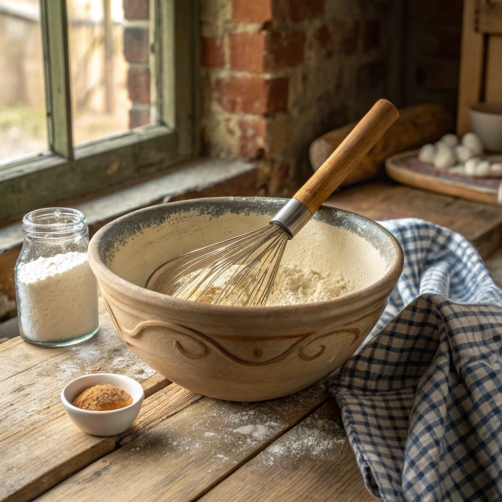 Mixing bowl with flour and whisk on a rustic wooden table, surrounded by baking ingredients for homemade keto cheddar biscuits.