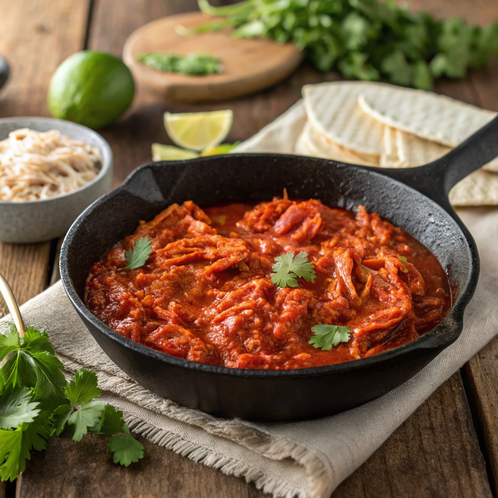 Shredded chicken simmering in a rich tomato enchilada sauce with fresh cilantro garnish.