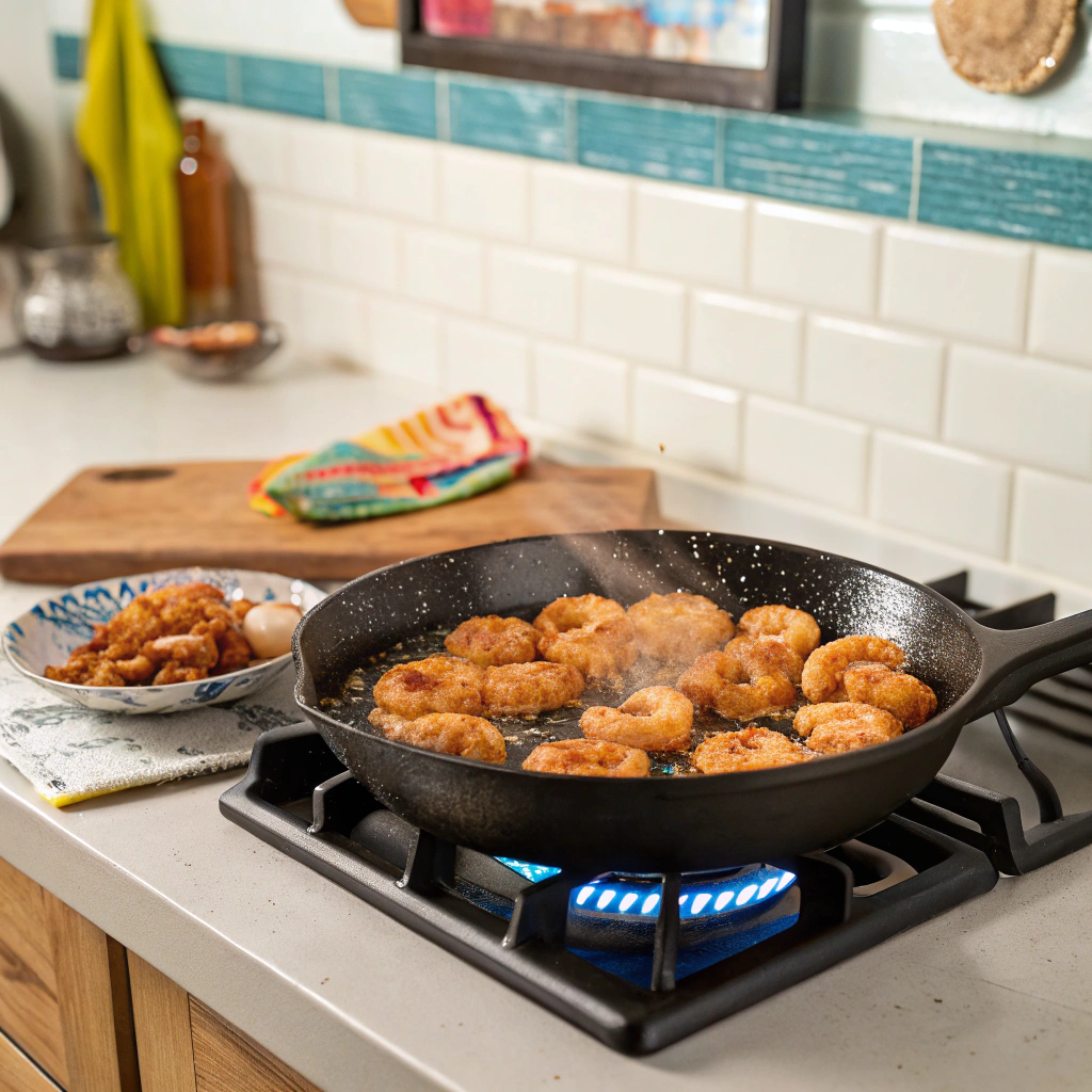 Cooking keto Thai coconut shrimp bites in a cast iron skillet on the stove