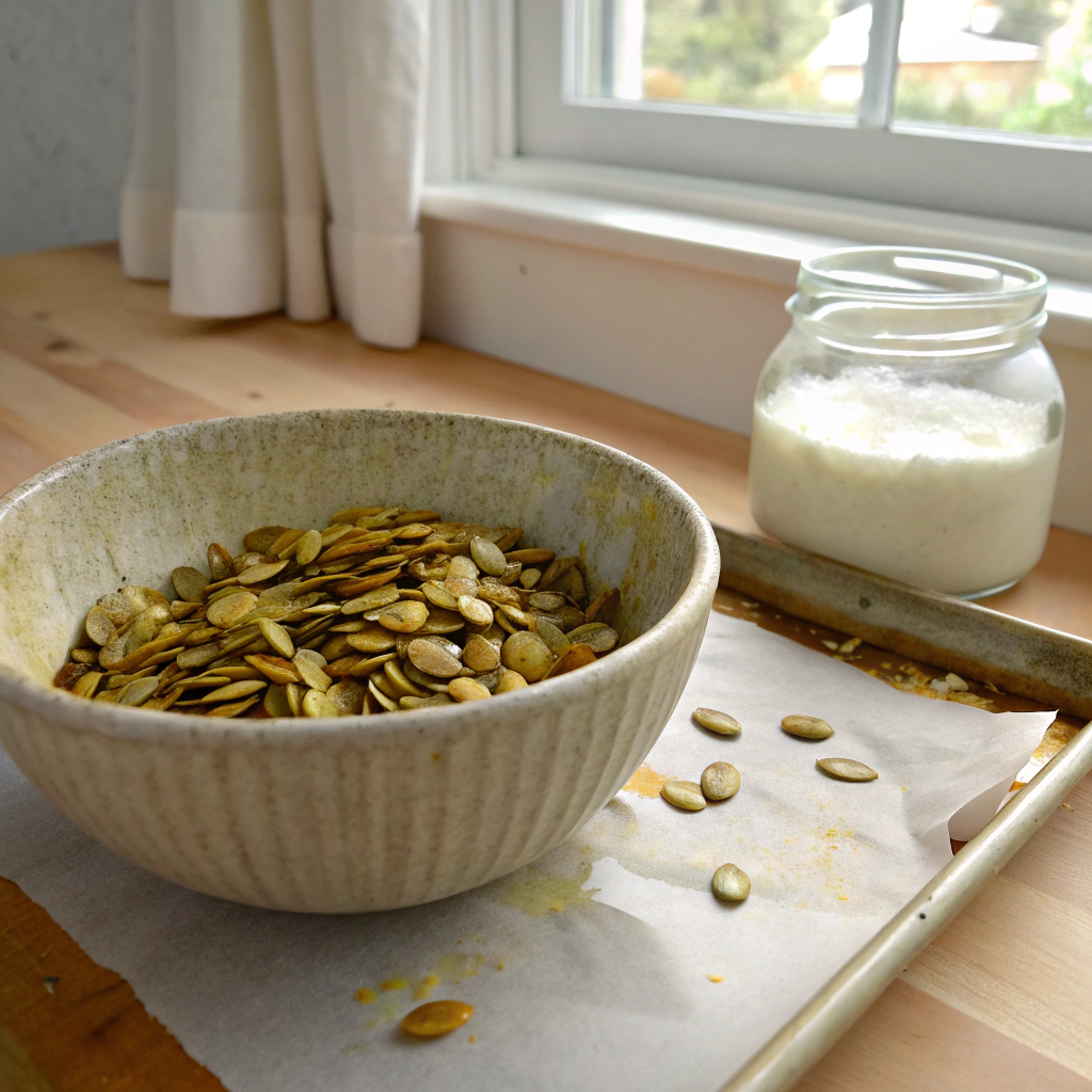 Seasoned pumpkin seeds in a ceramic bowl for keto spiced pumpkin seed clusters