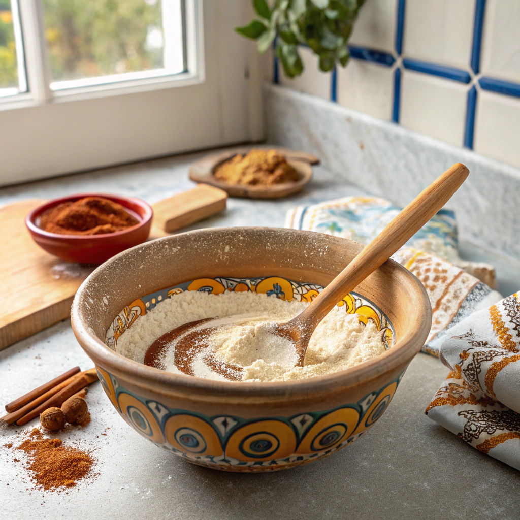 Mixing almond flour and cinnamon in a ceramic bowl for keto churros batter