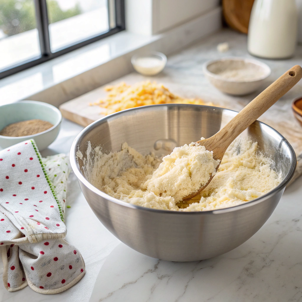 Mixing keto cheesy garlic breadstick dough in a stainless steel bowl with a wooden spoon, surrounded by grated cheese and baking ingredients on a kitchen counter.
