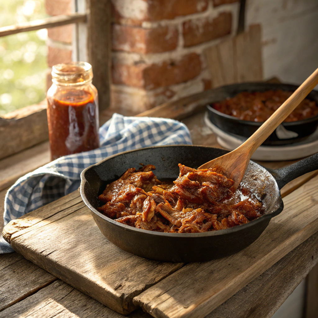 Pulled pork in a cast iron skillet with wooden spoon, coated in smoky sugar-free BBQ sauce, set on a rustic wooden table with a jar of sauce nearby.