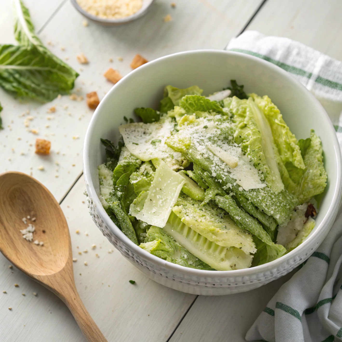 Fresh Caesar salad with romaine lettuce, Parmesan, and homemade dressing in a white bowl