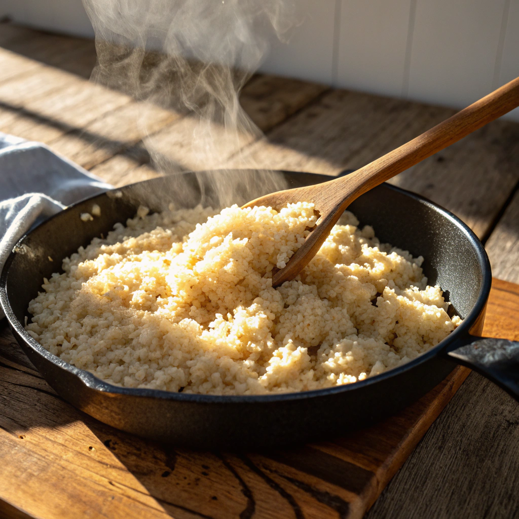 Freshly sautéed cauliflower rice cooking in a cast-iron skillet for a low-carb Mediterranean chicken bowl.