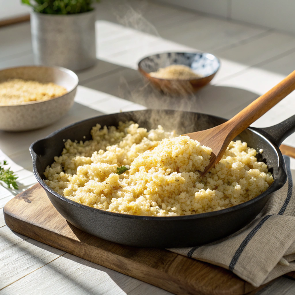 Steaming cauliflower rice cooking in a black cast-iron skillet with a wooden spoon on a kitchen counter.