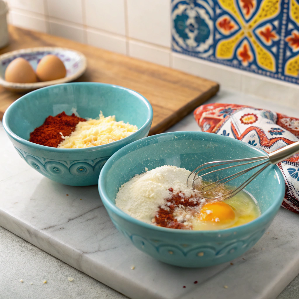 Mixing egg, cheese, and spices in a blue bowl for keto Thai coconut shrimp bites batter