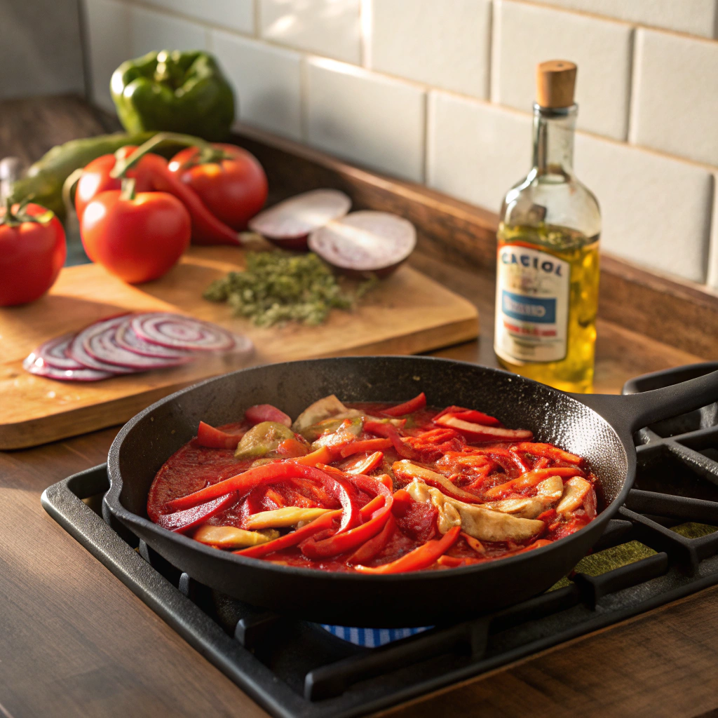 Sautéed chicken strips with red peppers and onions simmering in a skillet for keto enchilada sauce preparation.