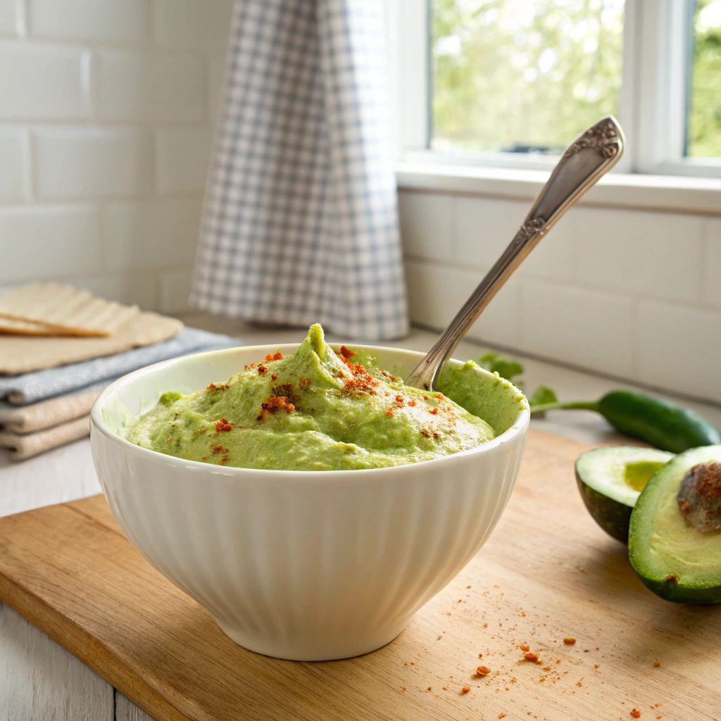 Creamy avocado filling with chili flakes in a white bowl for keto spicy avocado deviled eggs