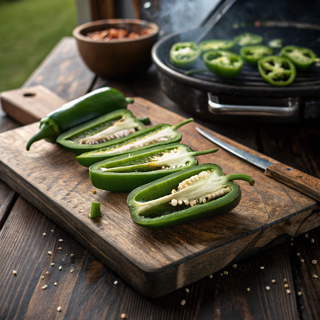 Fresh jalapeños sliced in half on a wooden cutting board, with seeds visible and a knife nearby, ready for stuffing and grilling