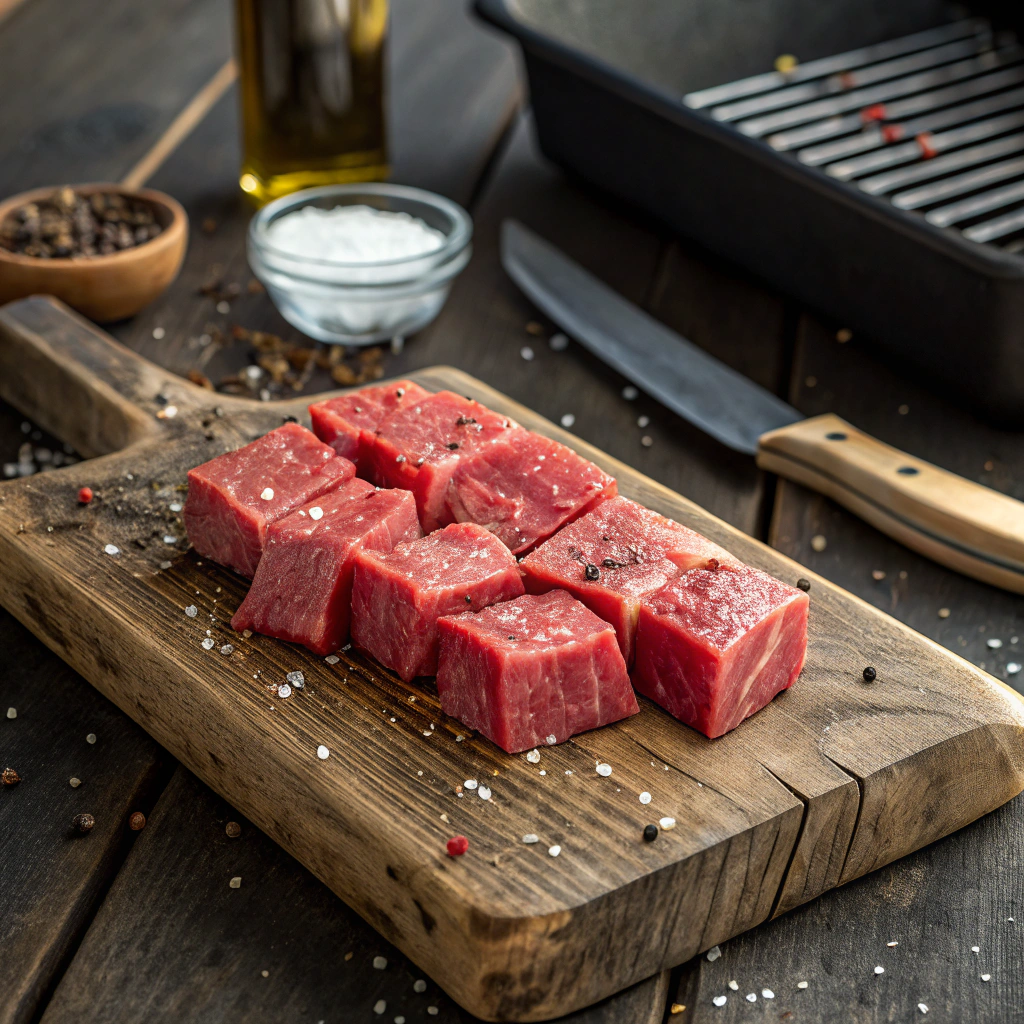 Raw sirloin steak cubes seasoned with salt and pepper on a wooden cutting board, ready to be cooked for keto grilled steak bites.