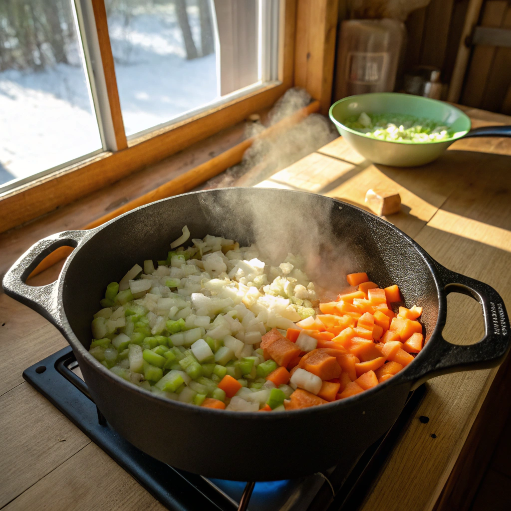 Diced onions, carrots, and celery sautéing in a cast iron pot on a homestead stove for Keto Fermented Vegetable Stew