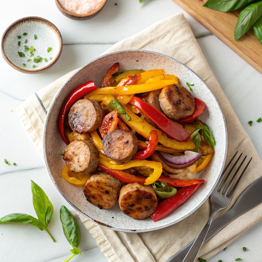 Keto Italian sausage and bell pepper skillet served on a plate with onions and fresh herbs.