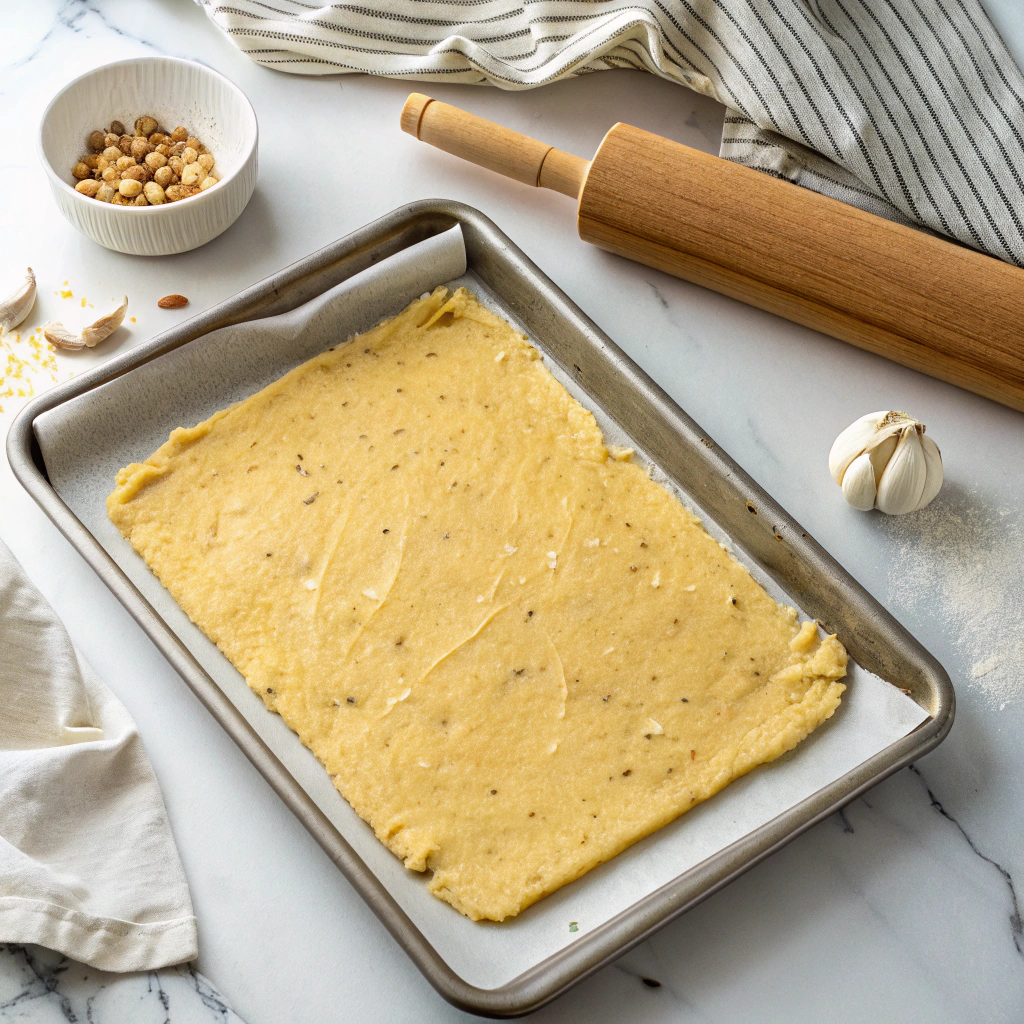 Unbaked keto cheesy garlic breadstick dough spread on a parchment-lined baking sheet with garlic, nuts, and a rolling pin on the counter.