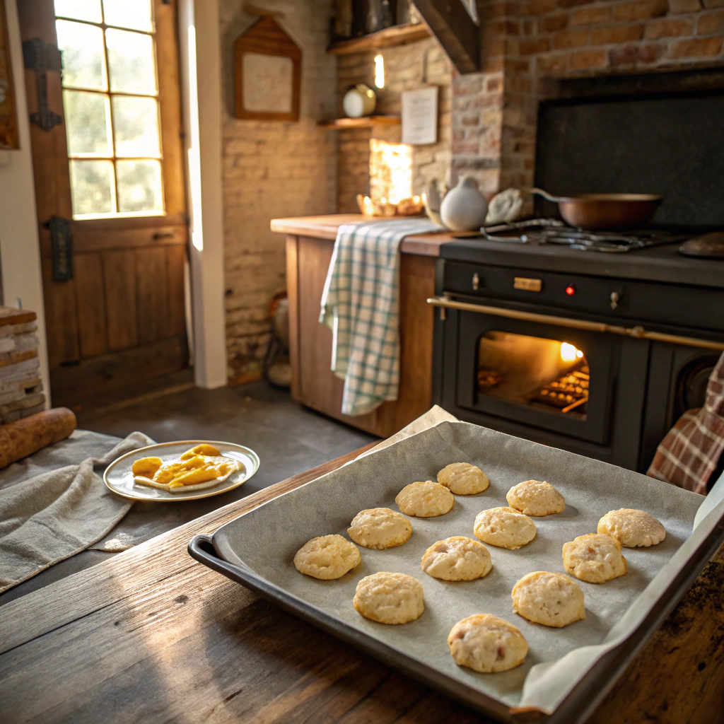 Keto cheddar biscuits baking on a parchment-lined tray in a rustic farmhouse kitchen with a wood-fired oven in the background.