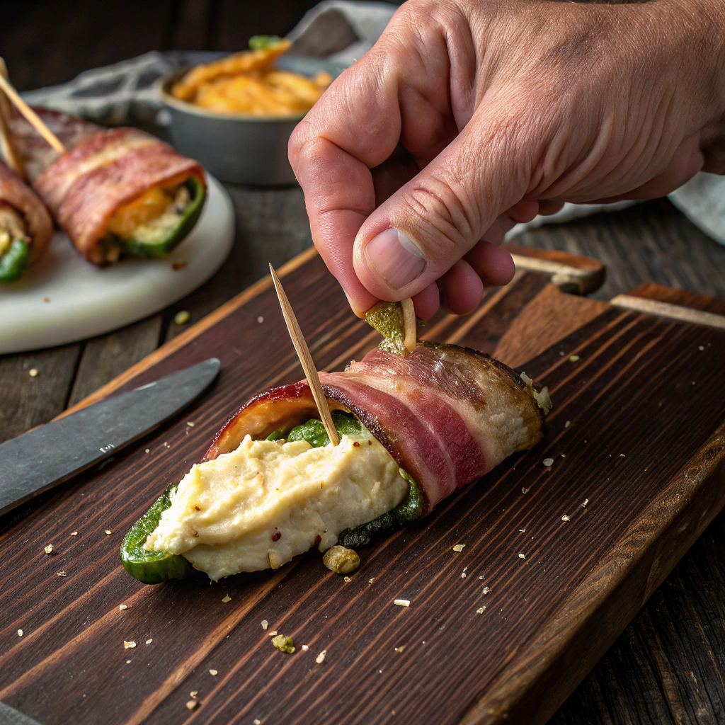 Hand securing a bacon-wrapped jalapeño popper filled with creamy cheese using a toothpick on a wooden board.